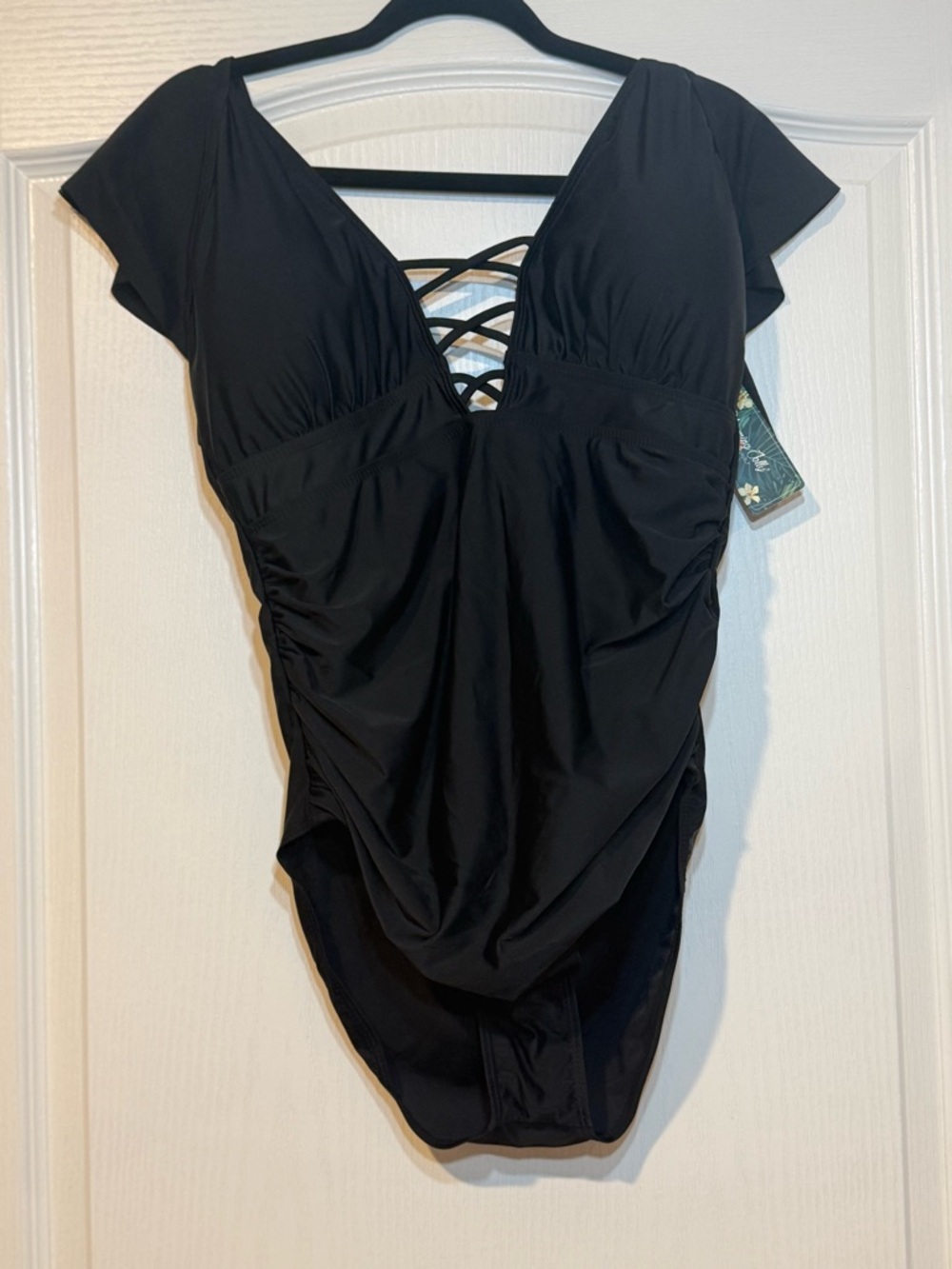 NWT Black One Piece Swimsuit XL Ruffle Sleeve Lace Up Front